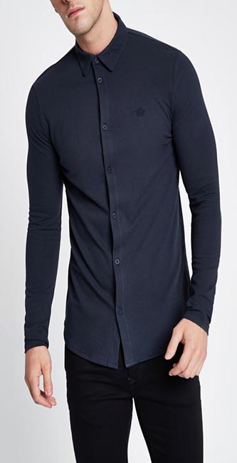 Navy Pique Muscle Fit Long Sleeve Shirt (River Island) €30