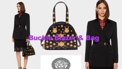 Buckle blazer and tribute bag from Versace