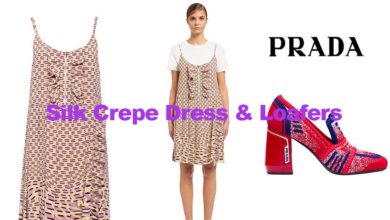 Silk crepe dress and loafers from Prada