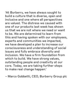Burberry's CEO Marco Gobetti released a statement on Instagram